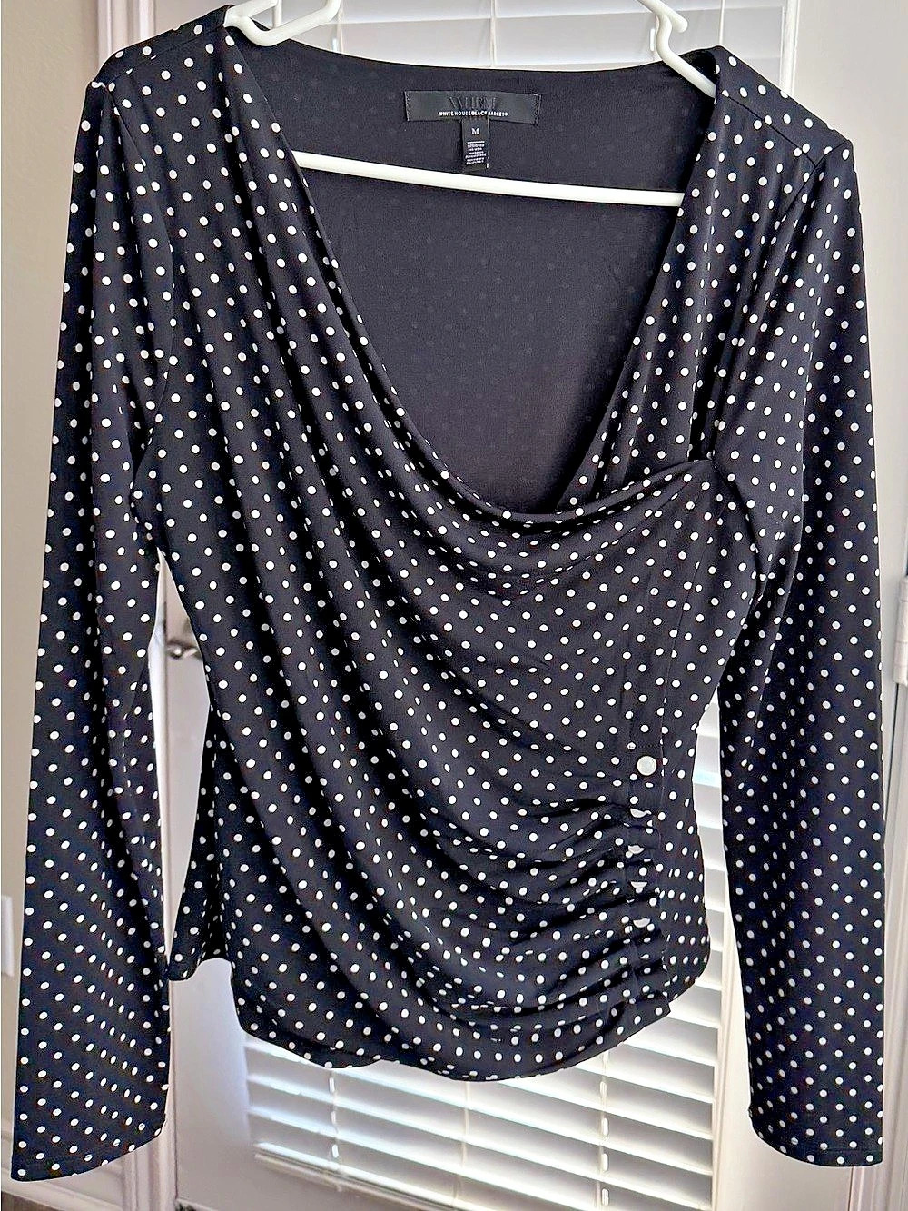 White House Black Market Ruched Button Trimmed Top Polka Dot Blouse